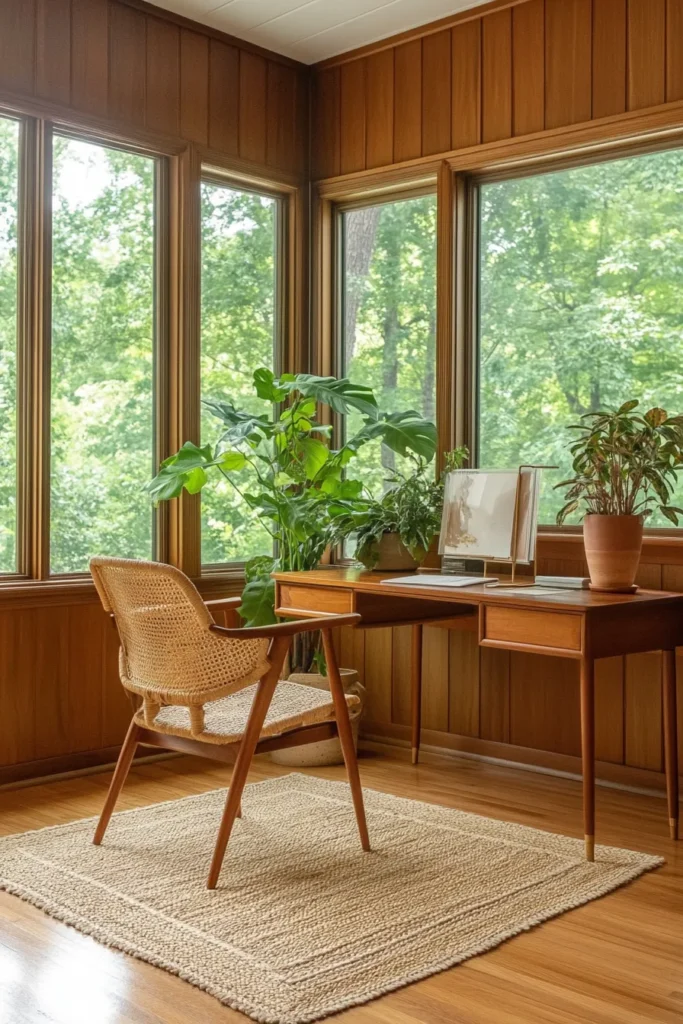 Sunlit mid century modern home office with wood paneling and sleek furniture home office decor mid century modern