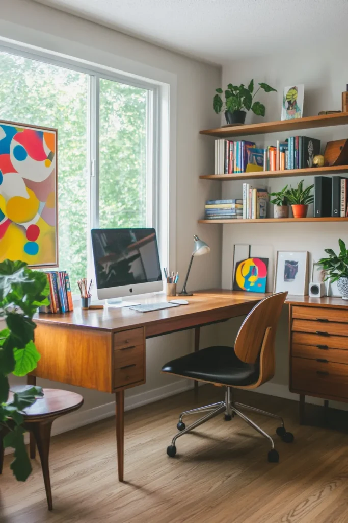 Sunlit mid century modern home office with wooden desk ergonomic chair and home office decor mid century modern elements