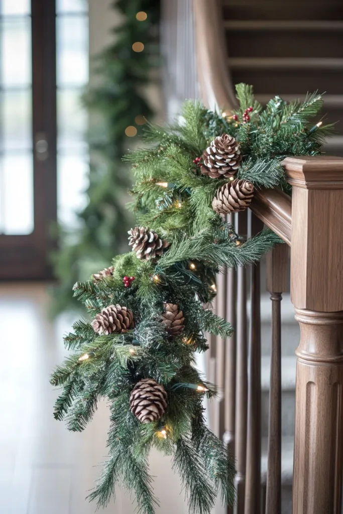 Traditional diy staircase garland christmas with evergreen branches and festive accents