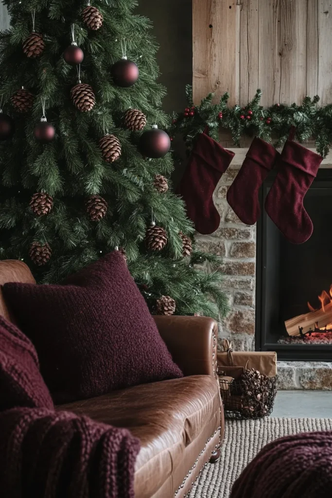 Traditional holiday scene with rustic Christmas color palette fireplace wooden ornaments and cozy textures