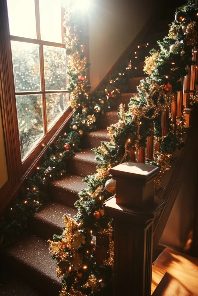 Traditional holiday setting featuring garland on staircase Christmas decor with rich colors and ambient lighting