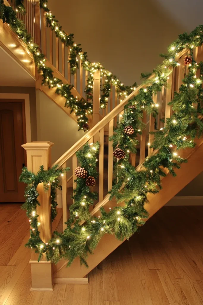 Traditional staircase featuring staircase christmas decor railings and cheap christmas staircase decor ideas with natural elements