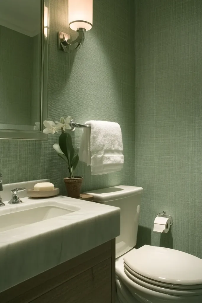 Tranquil bathroom with sage green walls and white accents showcasing a coastal inspired design