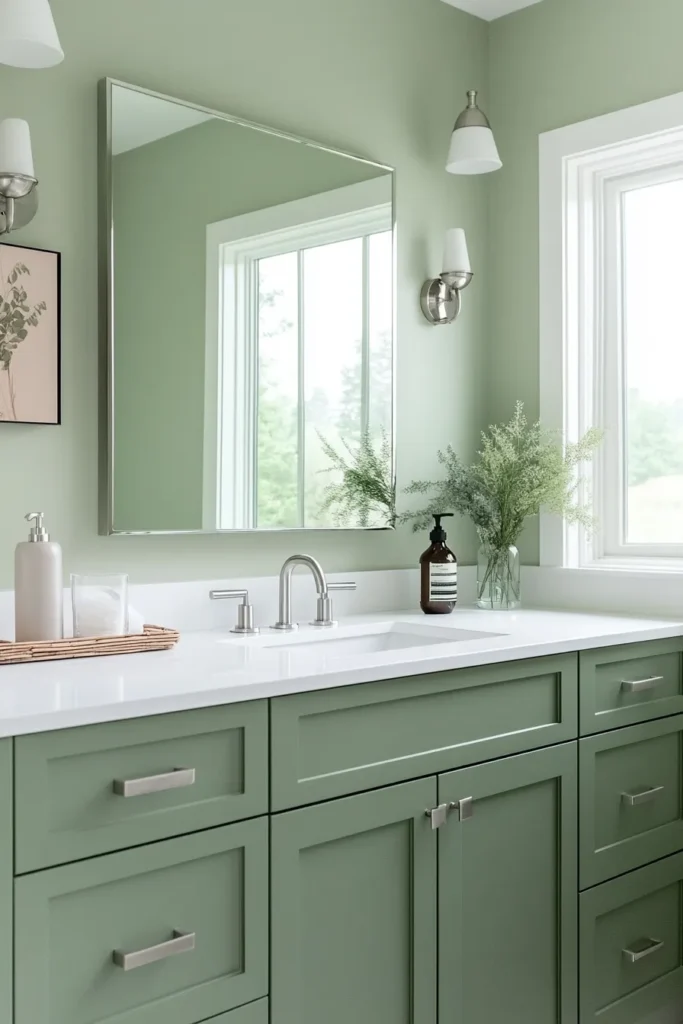 Tranquil bathroom with sage green walls bathroom showcasing sleek fixtures and ample storage space