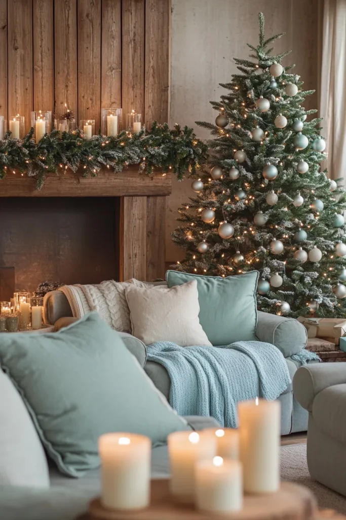 Tranquil holiday scene with rustic christmas color palette soft lighting and plush armchairs