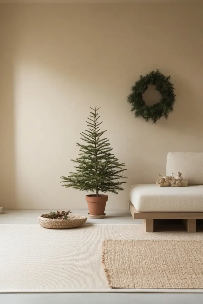 Tranquil japandi christmas living room with minimalist japandi christmas tree and carefully chosen decorations