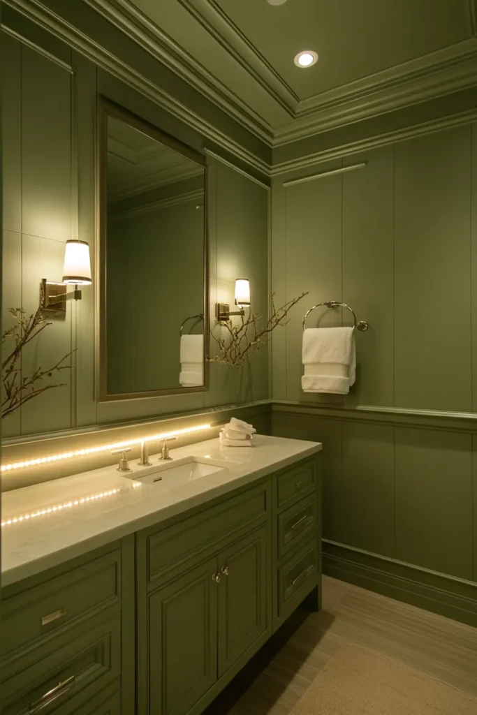 Tranquil sage green and blush bathroom with herringbone tile floor and customizable lighting for ultimate relaxation