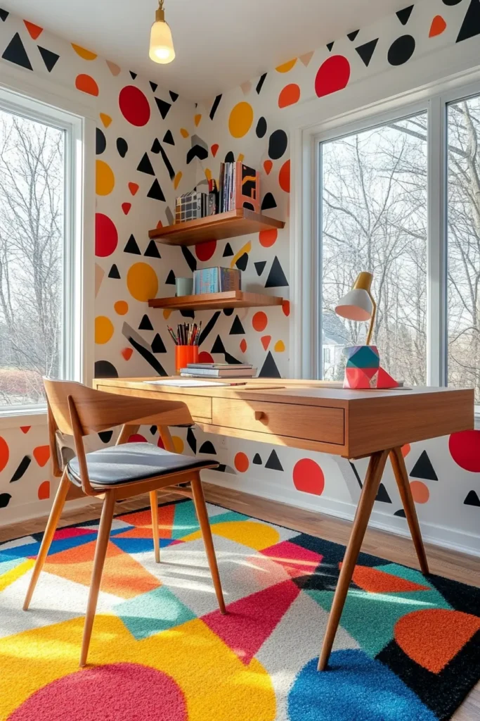 Vibrant mid century modern home office with geometric wallpaper sleek desk and home office decor mid century modern style