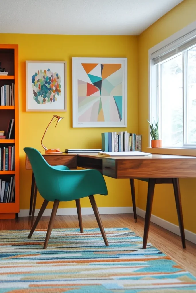 Vibrant mid century modern home office with yellow wall teal chair and orange bookshelf home office decor mid century modern