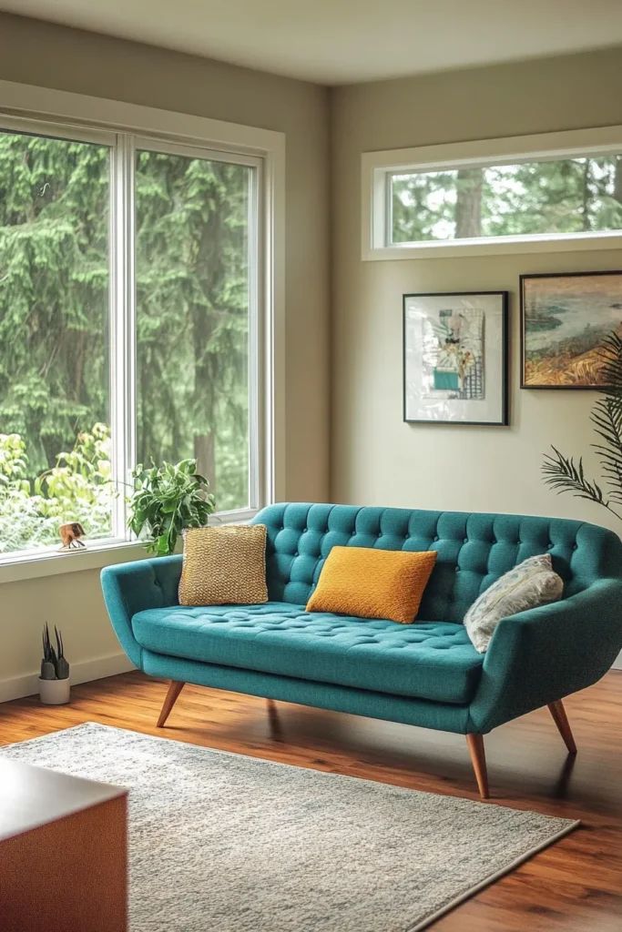 Vibrant teal sofa in apartment aesthetic mid century modern living room with period artwork