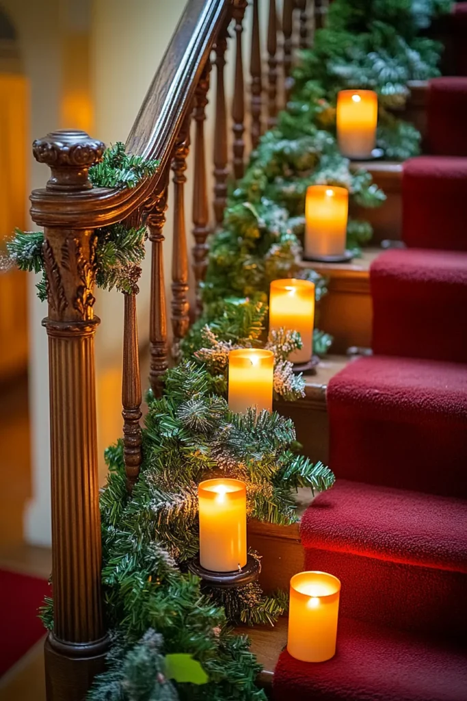 Warm and inviting easy Christmas staircase decor with garland candles and wrought iron spindles