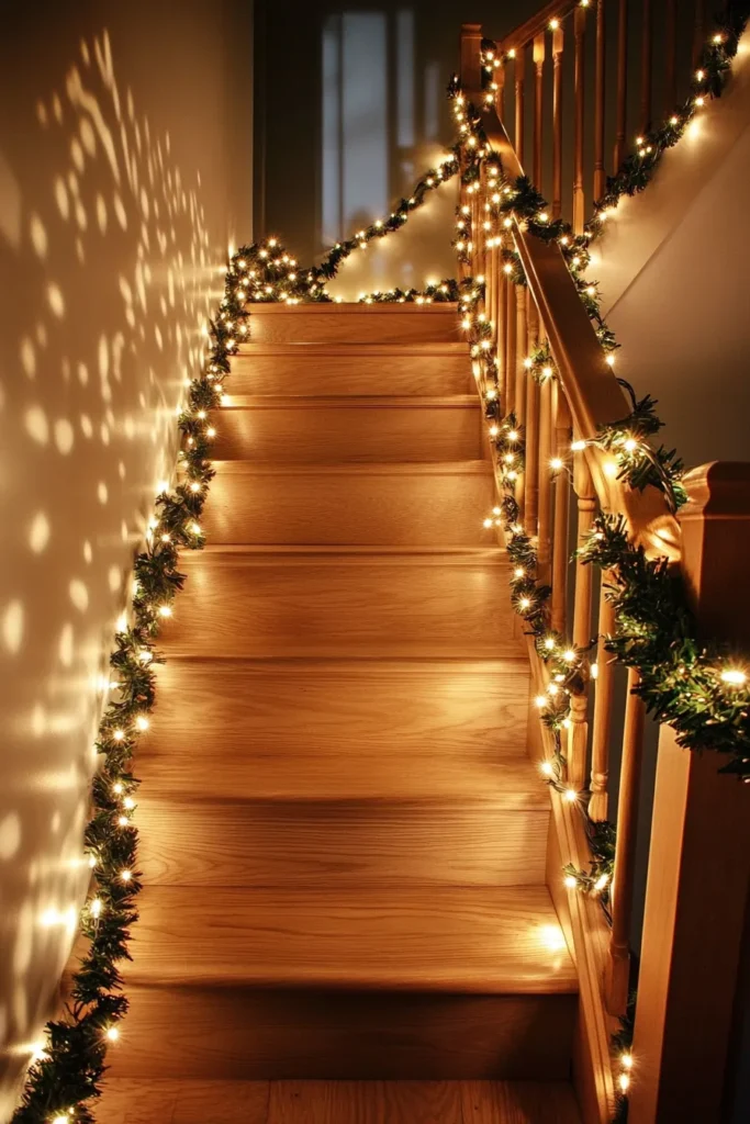 Warm and inviting easy christmas staircase decor with lights wrapped around railings creating a festive atmosphere