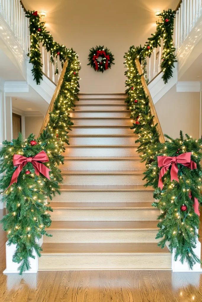 Warm and inviting entryway with diy christmas staircase garland and red accents