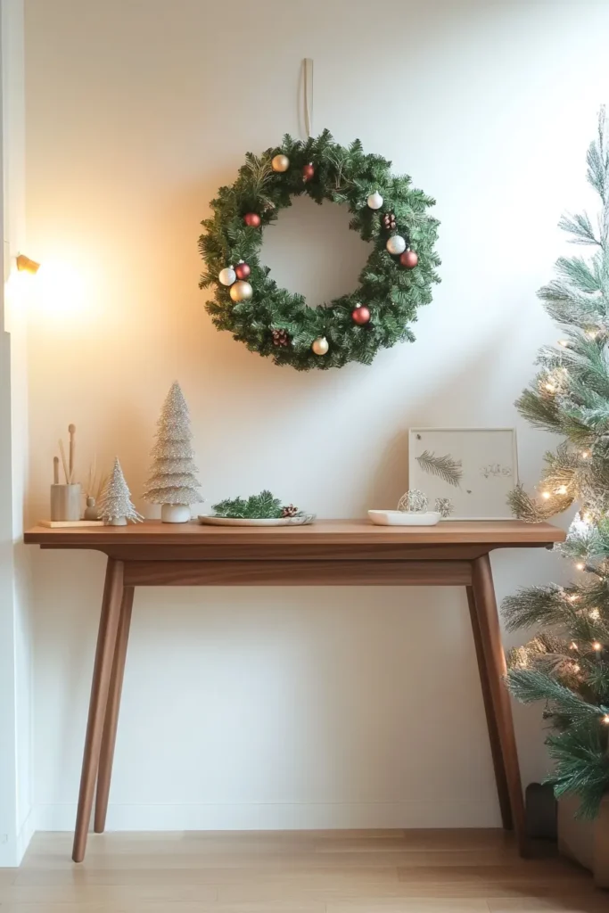 Warm and inviting japandi christmas entryway with japandi christmas tree and carefully placed ornaments