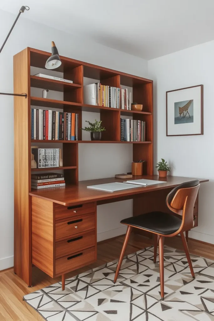 Warm and inviting mid century modern boho home office with natural light and geometric patterns for inspiration