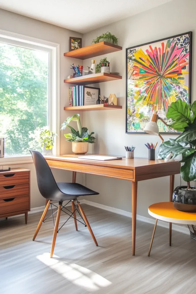 Warm and inviting mid century modern home office design showcasing iconic furniture and home office decor mid century modern accents