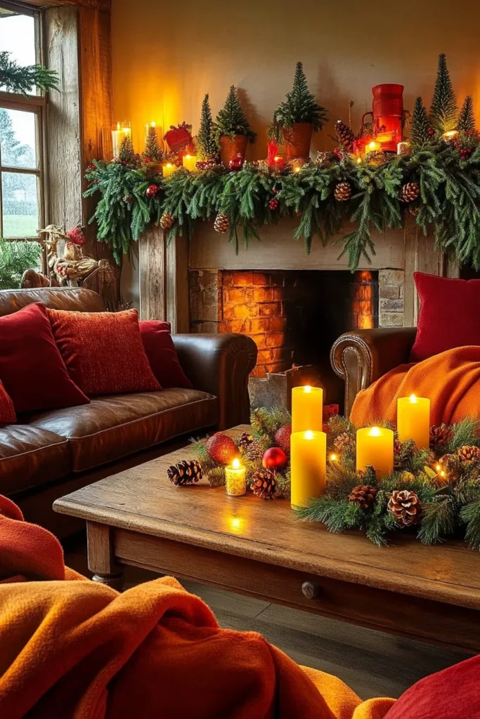 Warm and inviting rustic Christmas color palette with red pillows orange blankets and evergreen garlands