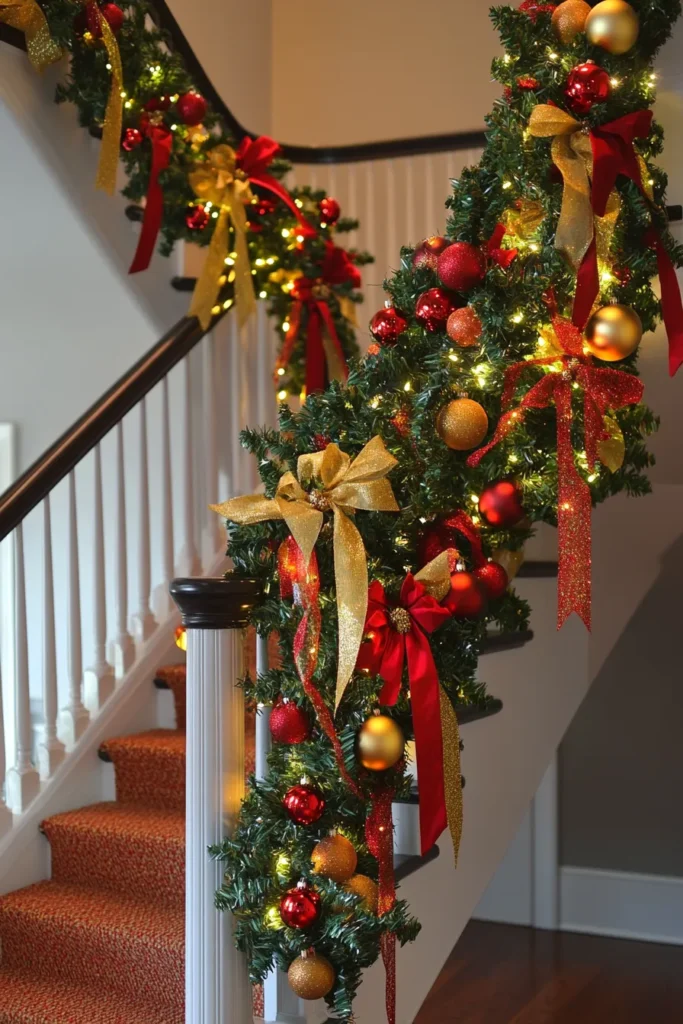 Warm and inviting staircase christmas decor railings with glass staircase christmas decor elements