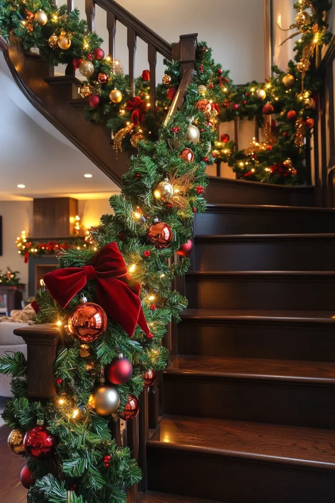 Warm and inviting staircase with easy christmas staircase decor and christmas staircase decor railings easy to recreate