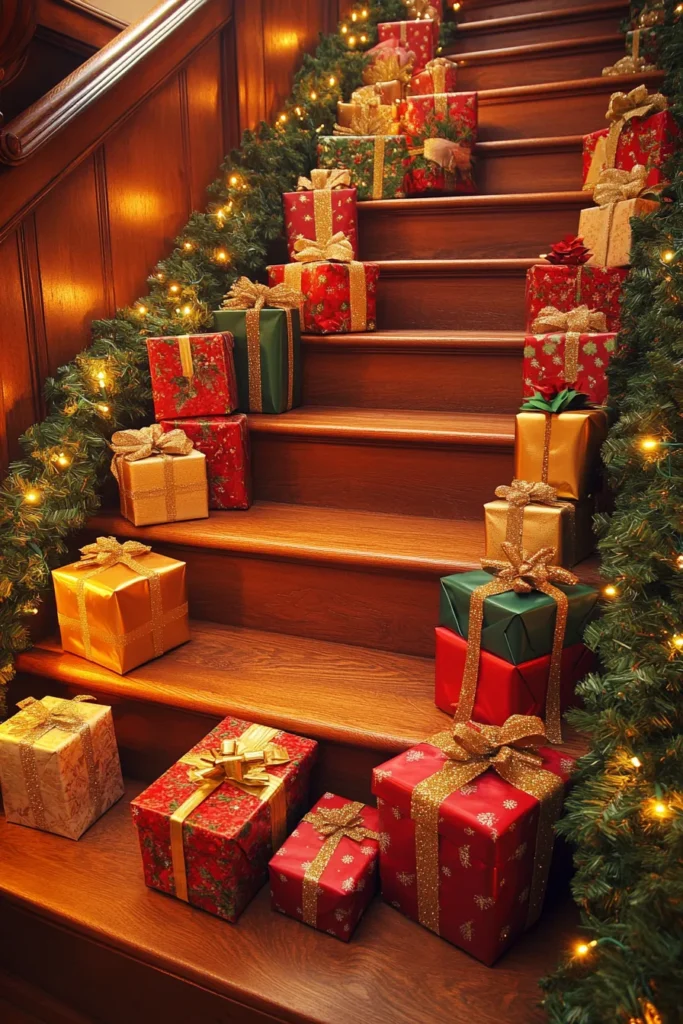 Warm and inviting staircase with easy christmas staircase decor and staircase christmas decor railings adorned with presents and pine garland