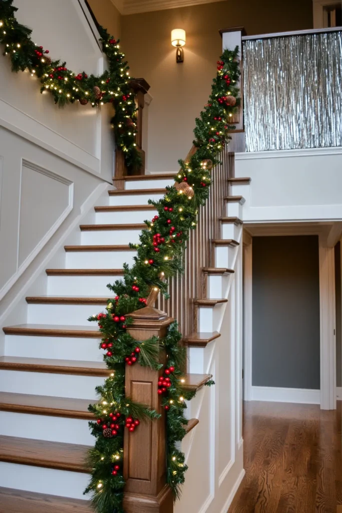 Warm festive lighting illuminates christmas staircase garland designs on traditional wooden and modern minimalist staircases