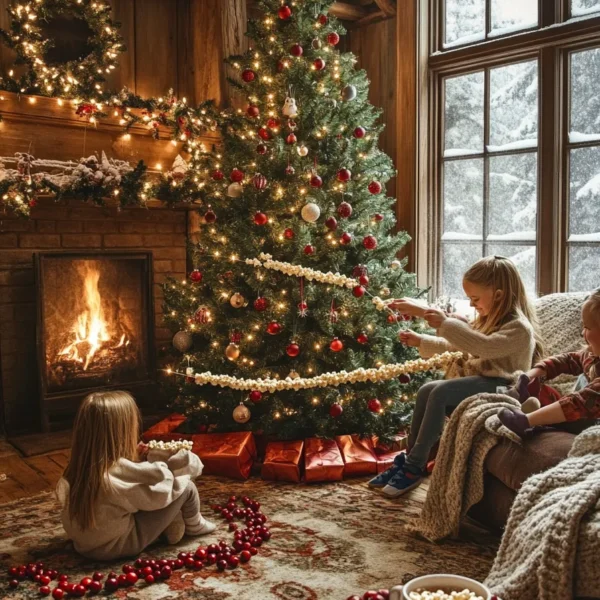 Warm fireplace glow illuminates Christmas cottagecore aesthetic with decorated tree and handmade garlands