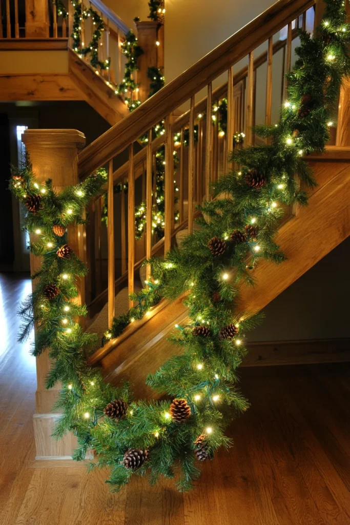 Warm inviting staircase with easy christmas staircase decor and staircase christmas decor railings adorned with greenery