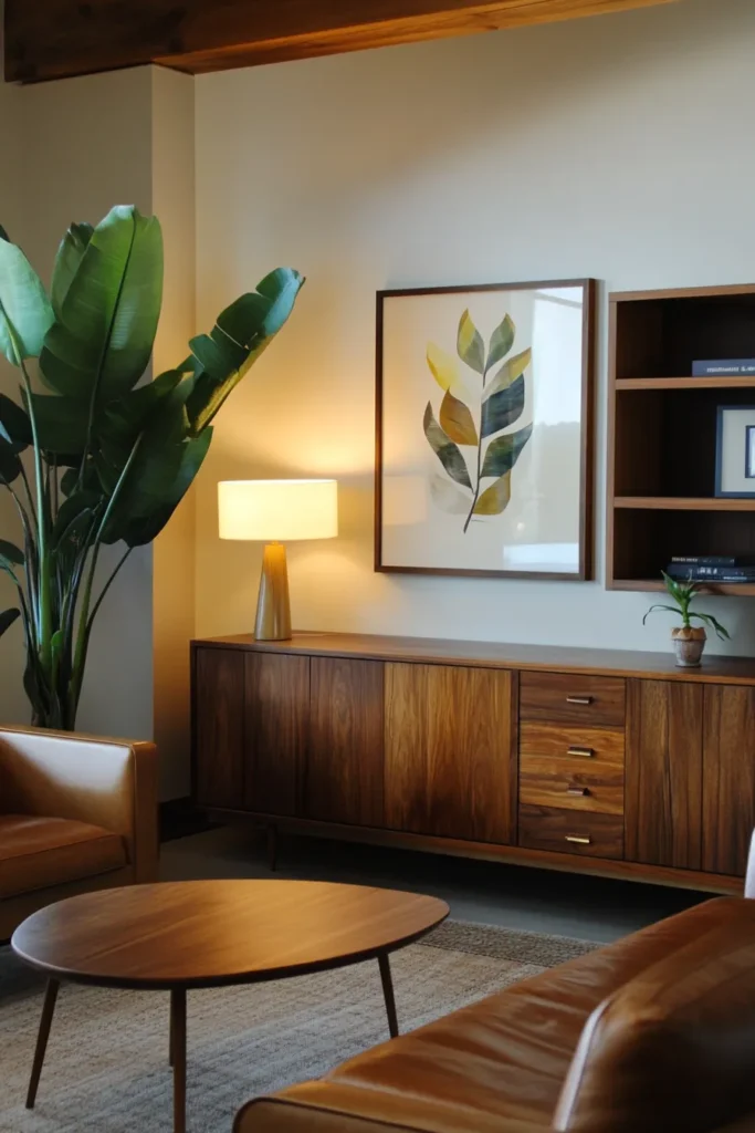 Warm mid century modern apartment aesthetic with wooden accents and sleek furniture in living room