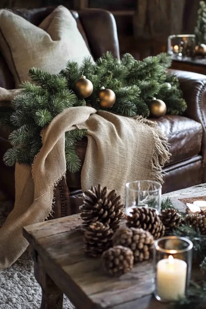 Warm rustic Christmas color palette in cozy living room with garland candles and variety of textures