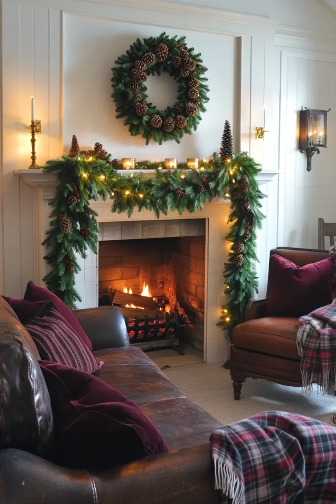 Warm rustic Christmas color palette showcased in cozy living room with pine wreath