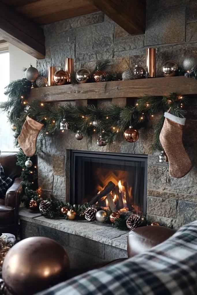 Warm rustic christmas color palette featuring copper ornaments gold candles and silver bells