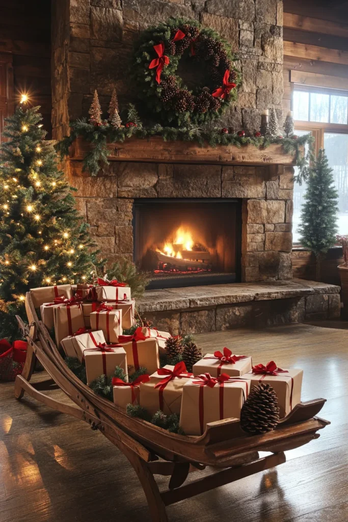 Warm rustic christmas color palette showcased in living room with fireplace and gift filled sleigh