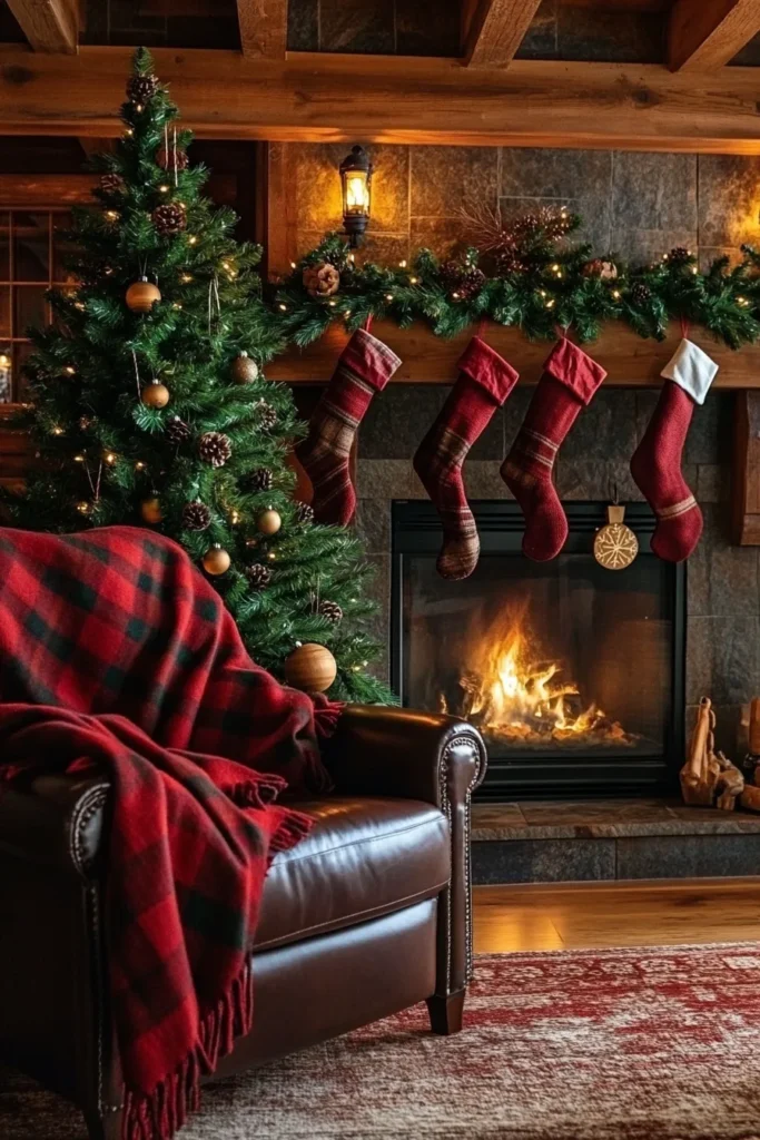 Warm rustic christmas color palette with red plaid green garland and wooden beams