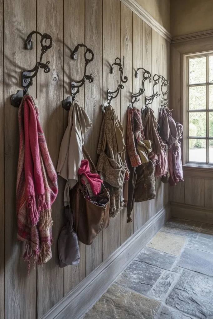 Weathered wood and stone create a cozy atmosphere in this French country mudroom showcasing practical storage ideas