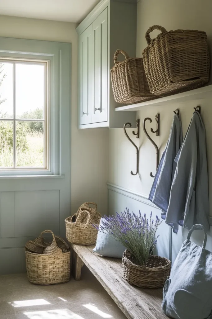 Welcoming French country mudroom with soft color palette natural light and French country mudroom ideas for organization