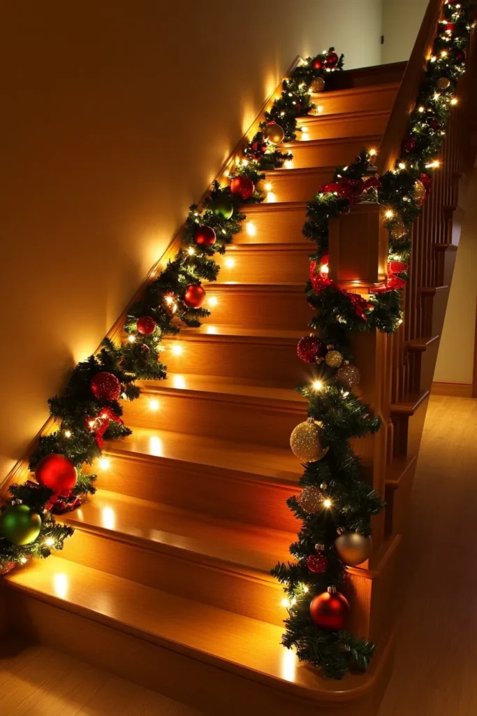 Wooden staircase with easy christmas staircase decor and illuminated steps staircase christmas decor railings for safety