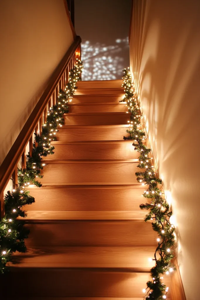 Wooden staircase with easy christmas staircase decor featuring warm lights and garlands on staircase christmas decor railings