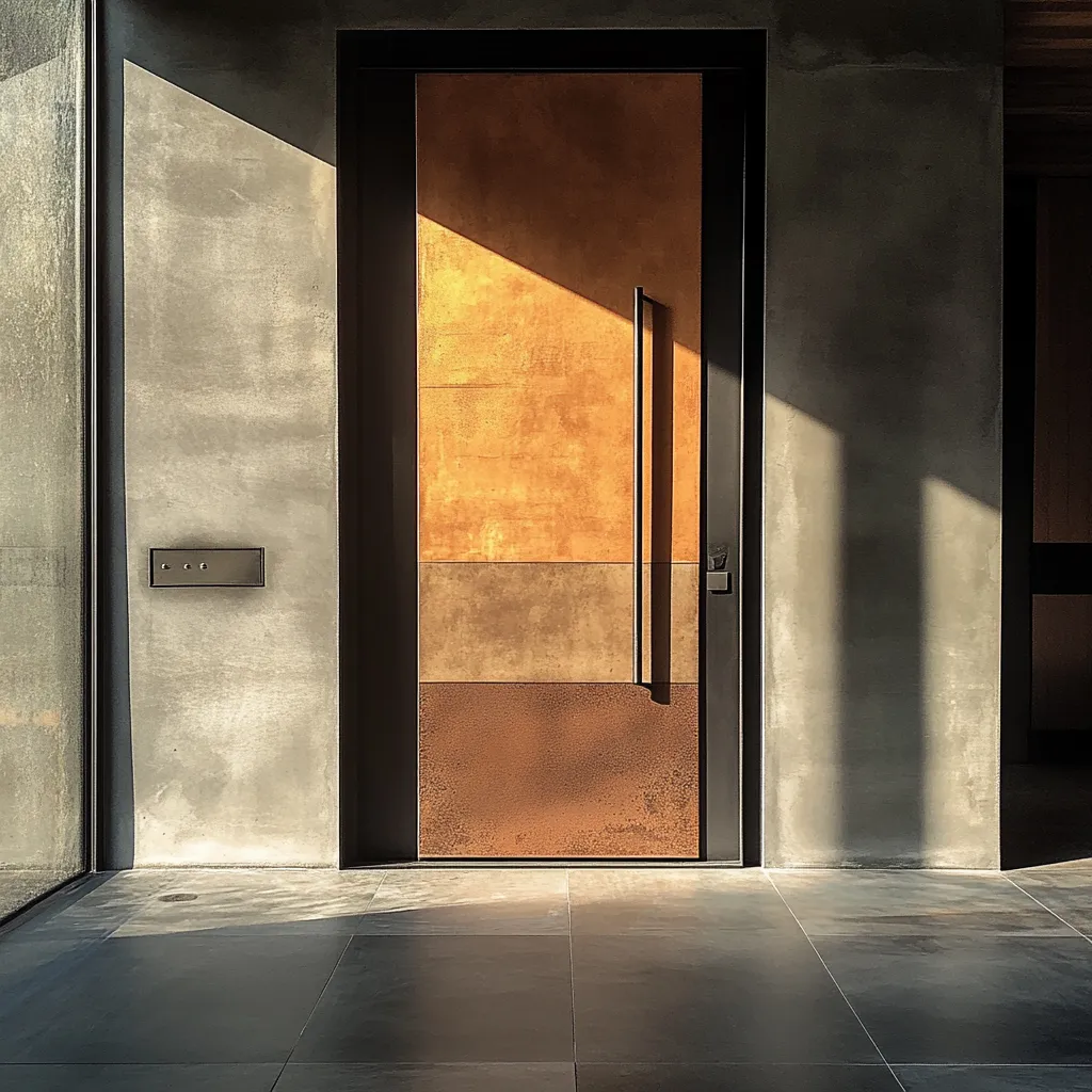 Contemporary Japandi entrance door featuring textured steel surfaces and wooden elements with dramatic lighting effects