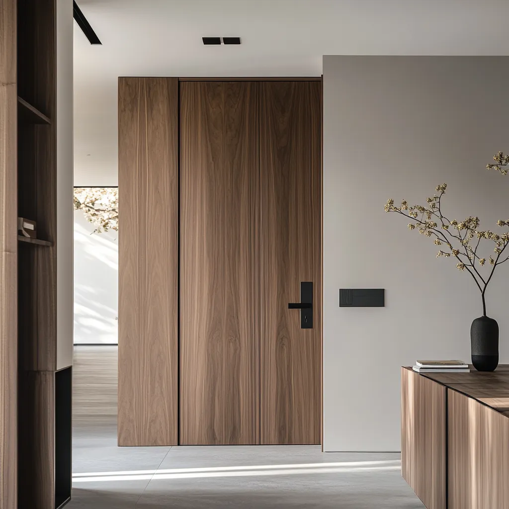 Contemporary Japandi entrance featuring natural wood door, minimalist hardware, and sophisticated architectural details