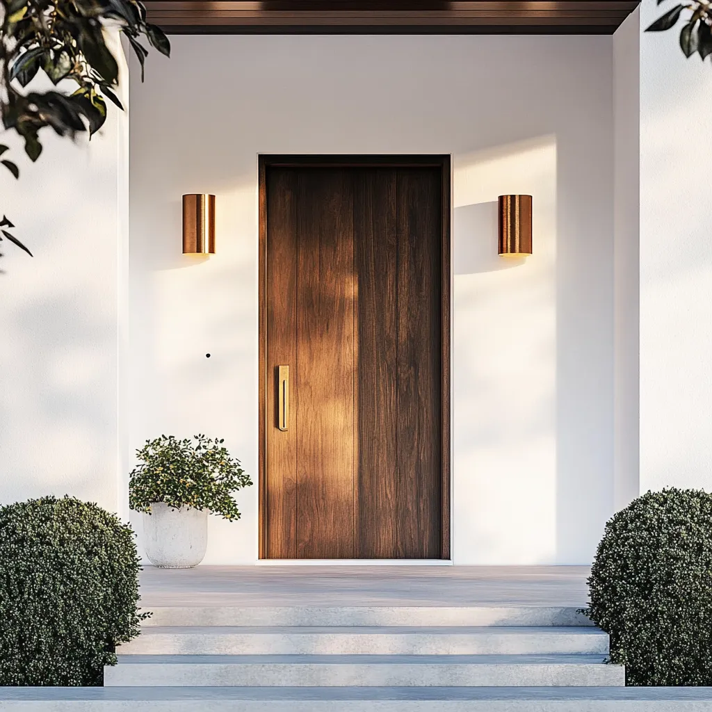 Contemporary Japandi entryway with wooden door, architectural lighting, and minimalist white exterior walls at twilight