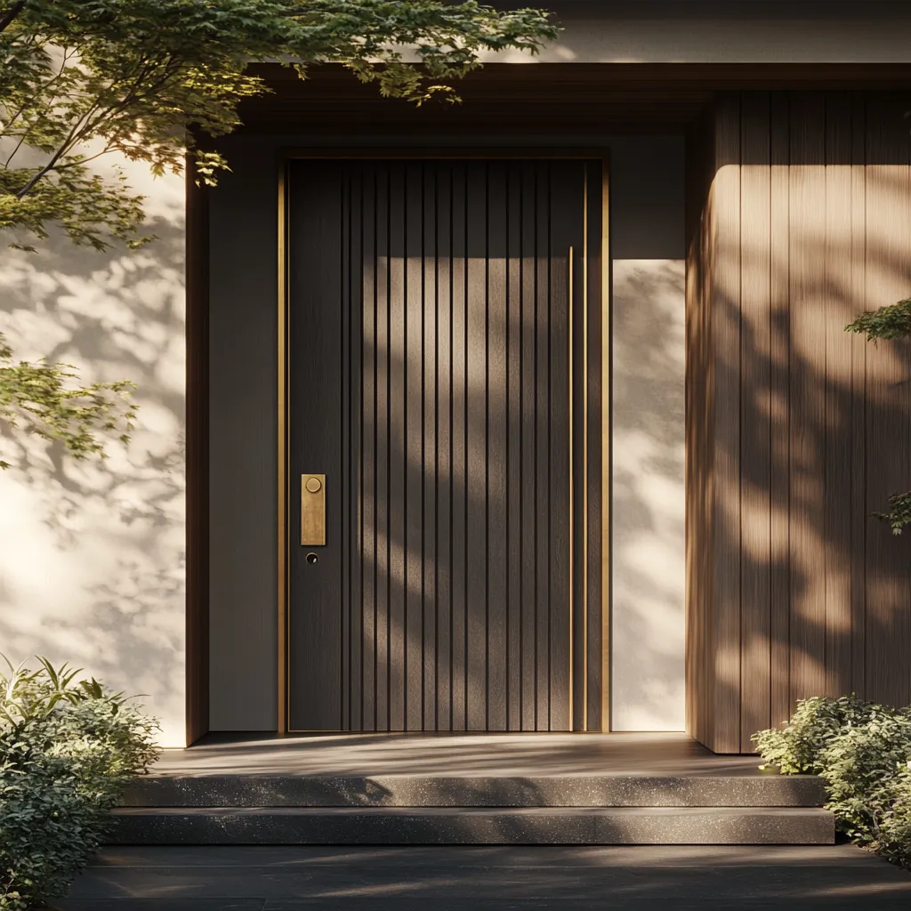 Contemporary Japandi front door with vertical weathered cedar slats and brass hardware, illuminated by afternoon sunlight casting dramatic shadows