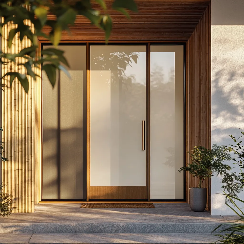 Contemporary Japanese Scandinavian door featuring frosted glass, dark wood frame, and minimal brass details