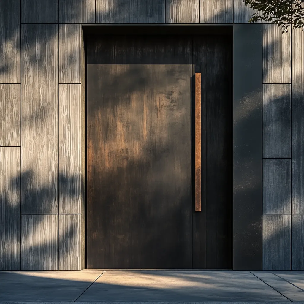 Contemporary Japanese Scandinavian front door design with patinated bronze handle and minimalist details