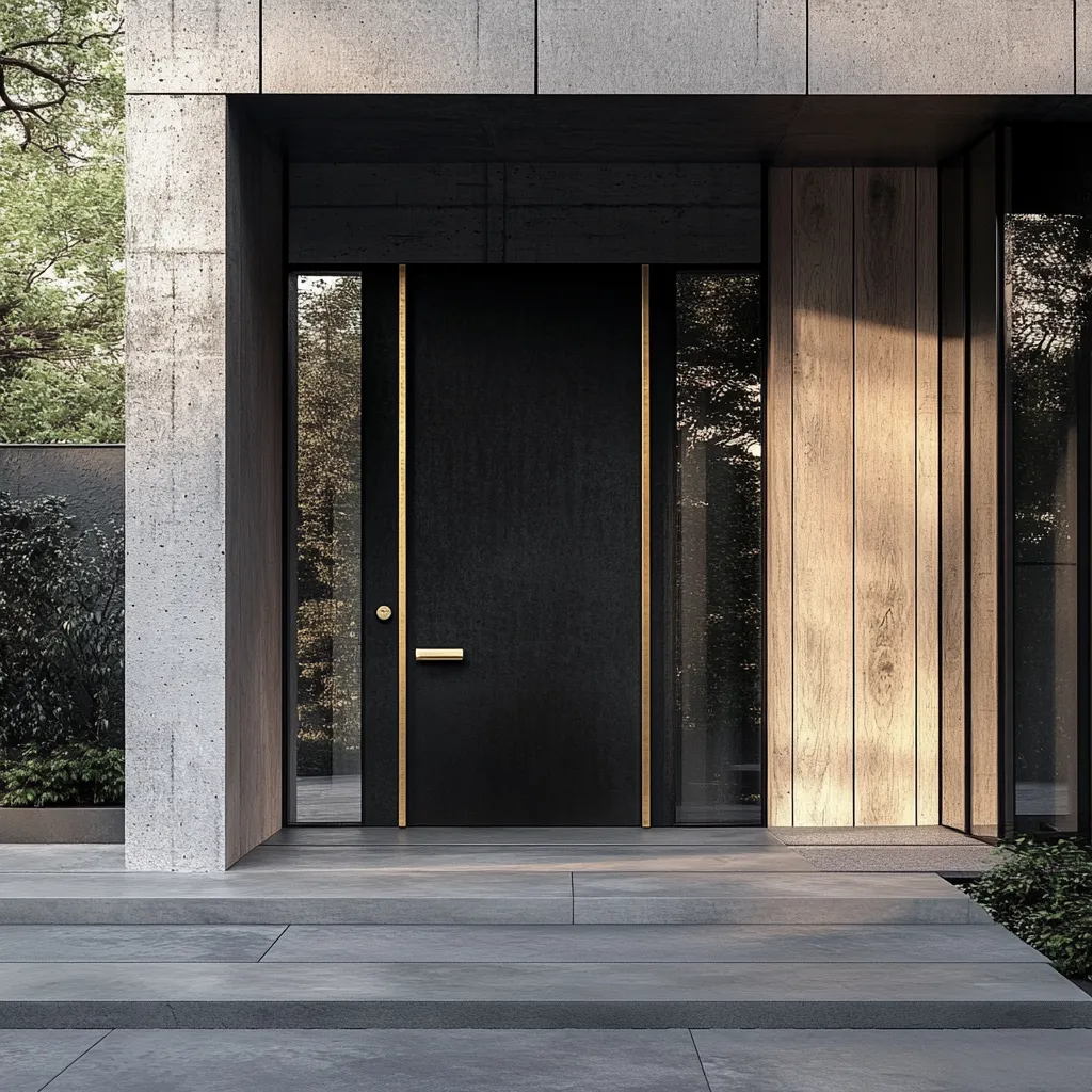 Contemporary Japanese Scandinavian fusion front door design with natural wood elements and minimalist concrete surroundings