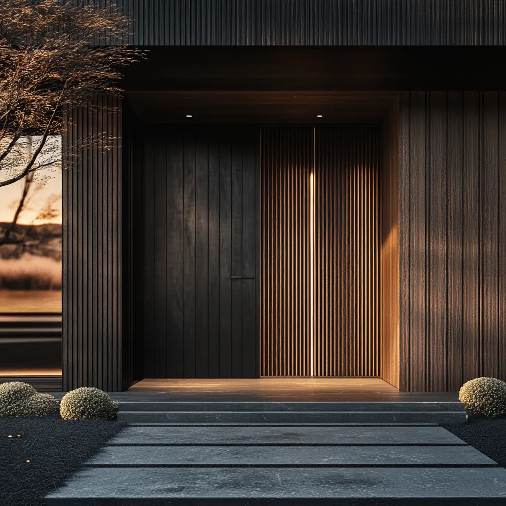 Dramatic black Japandi entrance door with textured cedar facade and modern architectural lighting at dusk