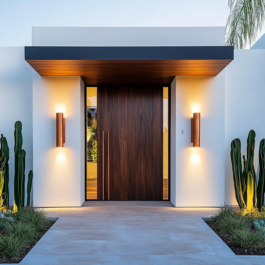 Elegant Japandi entrance featuring mahogany door with brass hardware and copper lighting against crisp white walls