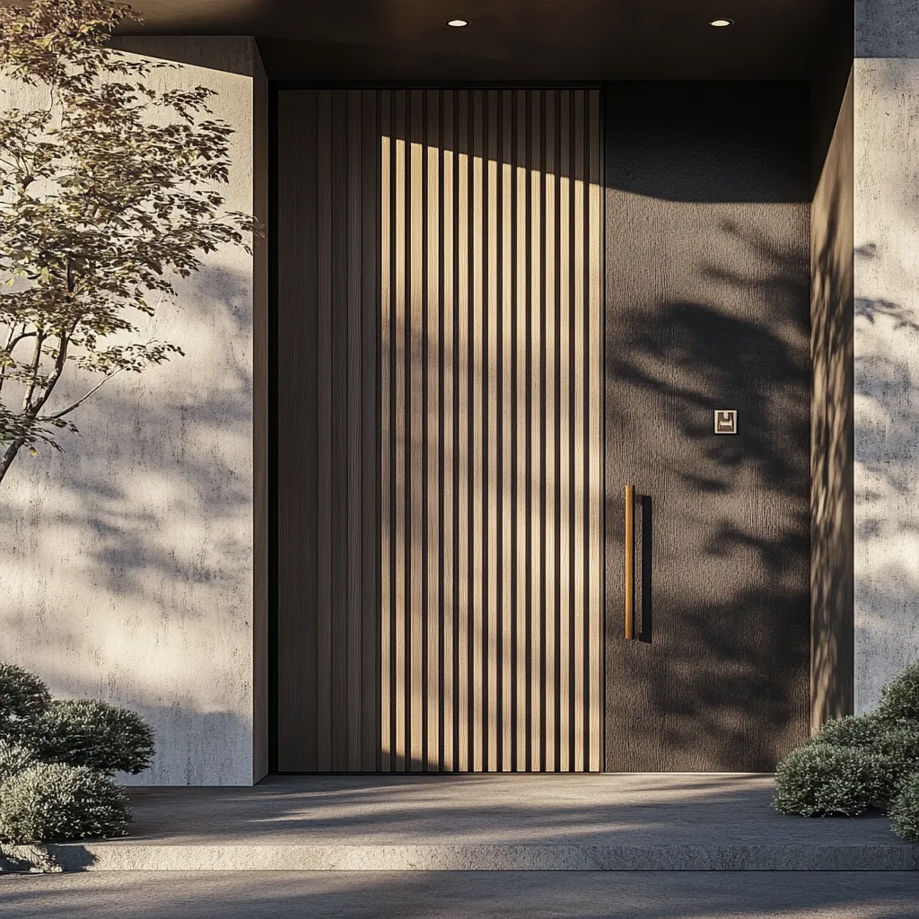 Elegant Japandi entrance featuring oversized slate door with natural wood elements and contemporary architectural details