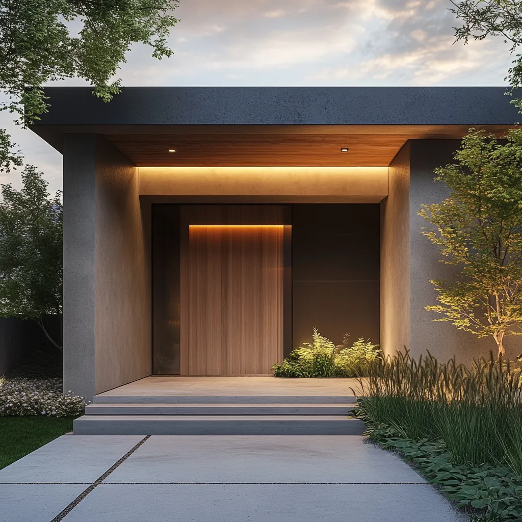 Minimalist concrete and wood Japandi entrance with bamboo landscaping and atmospheric evening lighting