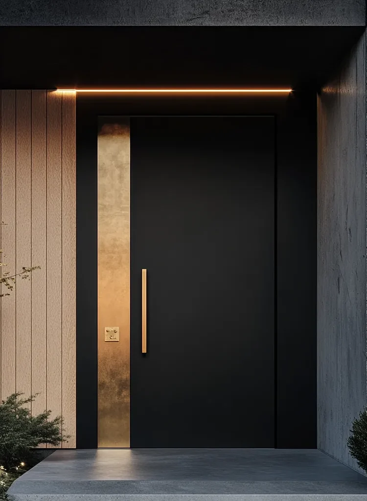 Minimalist Japandi entrance featuring oversized black door with brass accents and clean architectural lines in diffused lighting