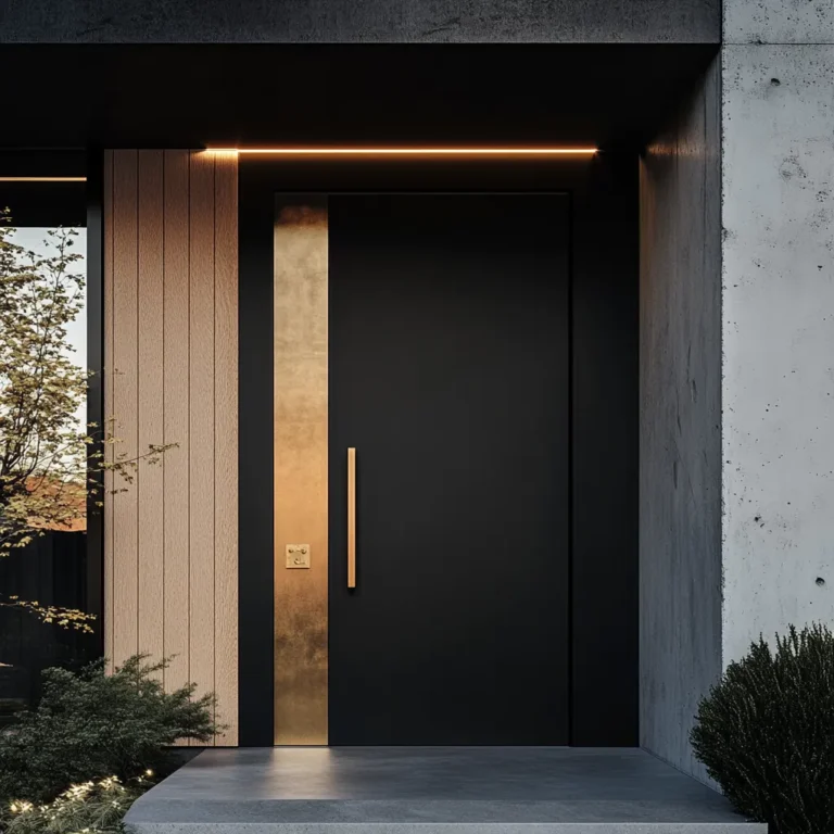 Minimalist Japandi entrance featuring oversized black door with brass accents and clean architectural lines in diffused lighting